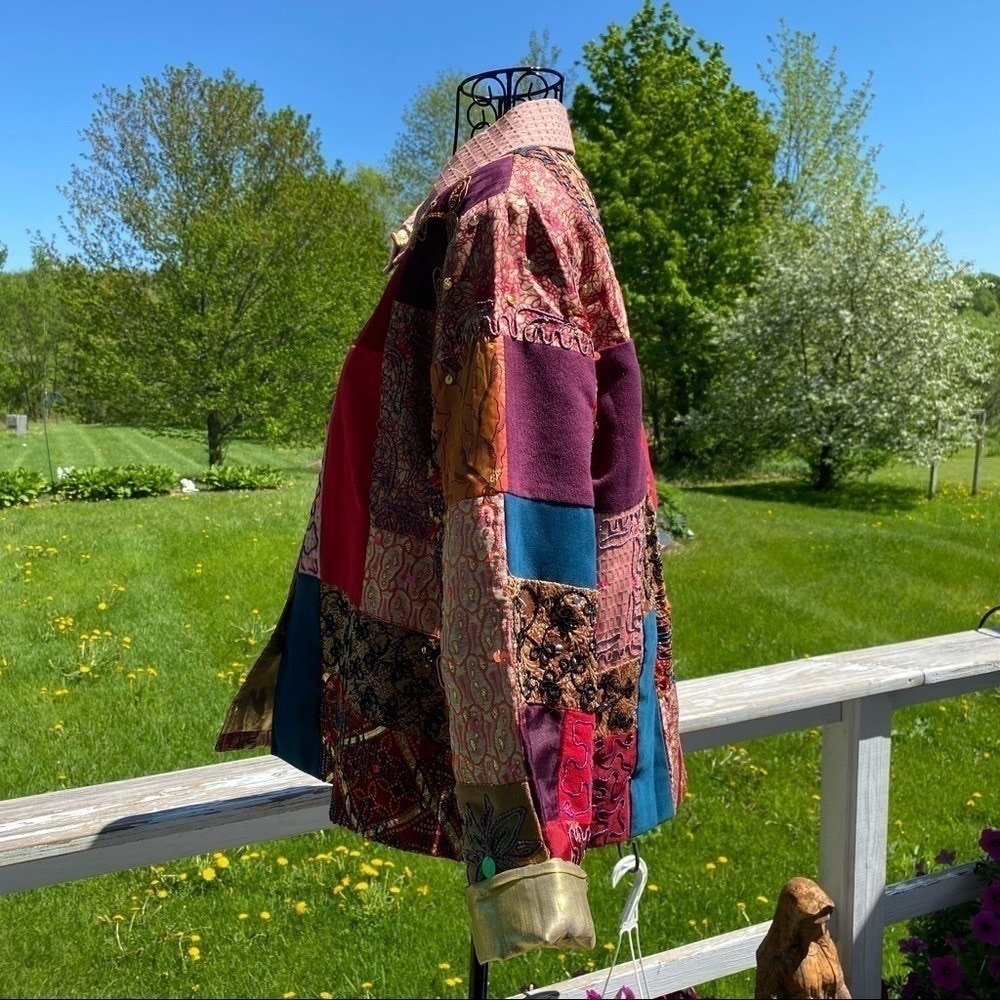 Vintage Alex Kim Wearable Art Patchwork Colorblock Sequined Jacket Petite Large - Picture 4 of 12